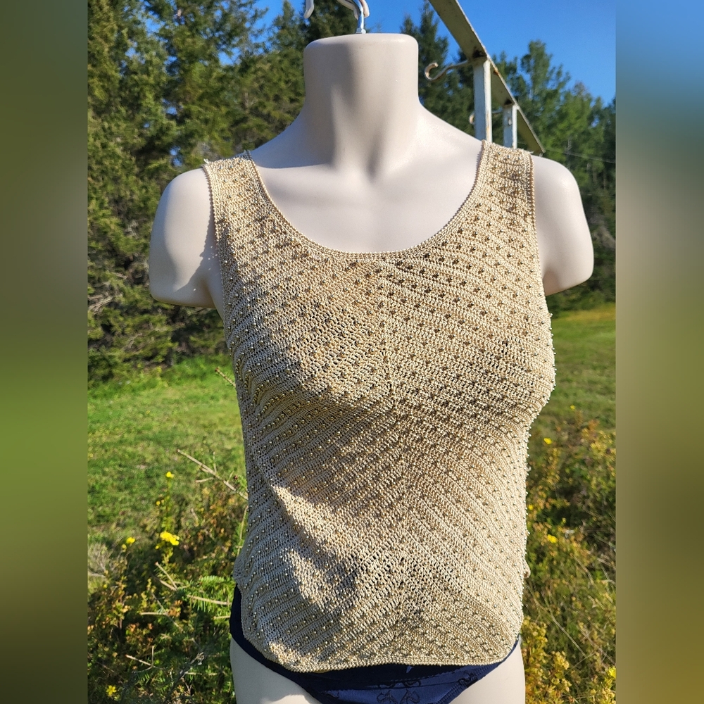 "Chic Tank" Pierre Cardin Gold Beaded and Crocheted Top